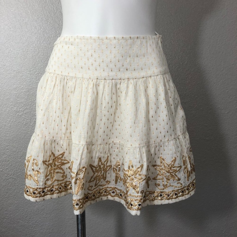Athropologie Raga Skirt White Embellished Gold Medium
